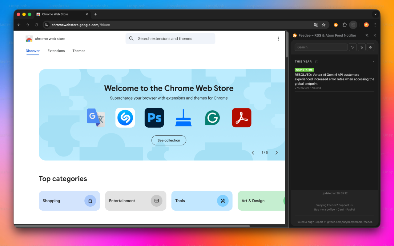 Feedee side panel open next to a web page, listing an article from the GCP Status feed